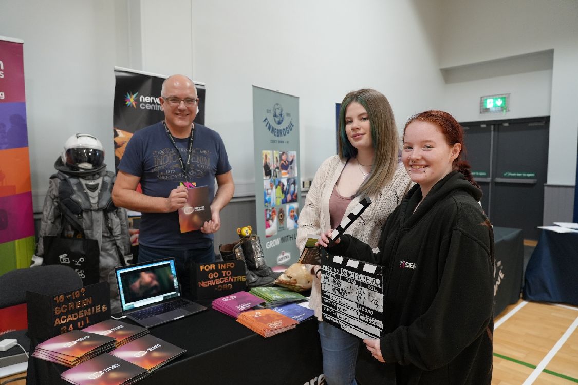 Barry Brennan from the Nerve Centre with Molly Martin and Leo McKee from Level 2 Art and Design.
